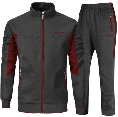 YSENTO Trajes de pista de los hombres deportivos Sudaderas con cremallera completa Chaquetas pantalones atléticos bolsillos con cremallera - rojo - XX-Large