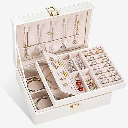 Voova 2-Layer Jewelry Box Organizer, Jewellery Storage Case White | PU Leather Jewlerrying Display Holder for Women Girls with Removable Tray Ring Earring Bracelet Necklace Holder