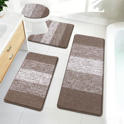 Bsmathom Bathroom Rugs Sets 4 Piece with Toilet Lid Cover, Non-Slip Bathroom Rugs and Mats Sets, Absorbent Bath Rugs Microfiber Shaggy Machine Washable Bath Rug Set, Coffee
