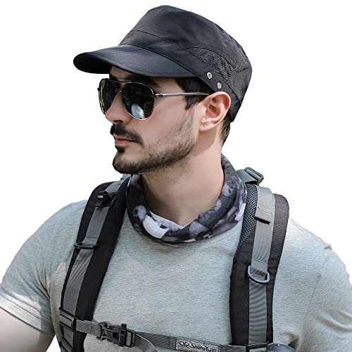 Pyrafox Gorra militar impermeable para hombre, de ala corta, transpirable, ajustable, clásica, gorra de béisbol, Negro (ala plegable), Taille unique