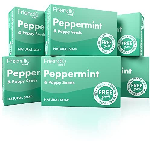 Friendly Soap (6 x 95g) - Peppermint & Poppy Seeds | Natural, Handmade Soap bar | Gentle, Sensitive, Nourishing | No Synthetic Fragrances | Sulfate Free