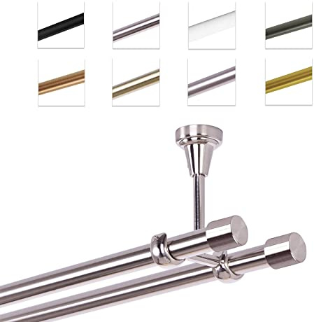 MDEKOR Gardinenstange 200 cm 2-läufig | Vorhangstange für die Deckenmontage Edelstahllook aus Metall | Gardinenstangenset Ø 19mm