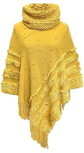 Rayson Femme Poncho Châle à Franges Hiver Tricot à col Montant Mode Elégant avec des Perles Chaud Écharpe Automne Hiver Cadeau de Noël(Jaune)
