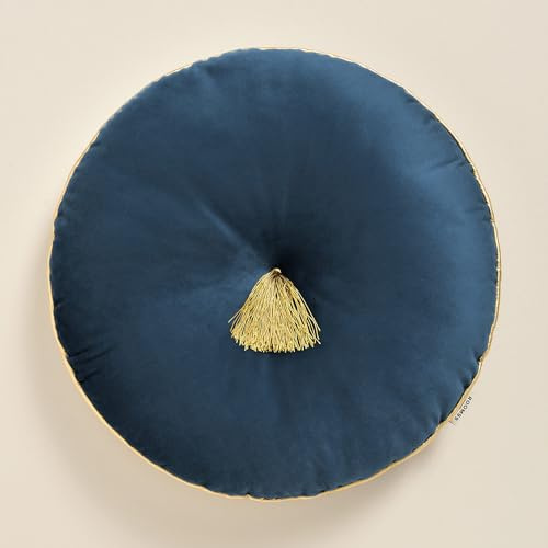 ROOM99 Allure, cuscino rotondo, 45 cm, cuscino decorativo, in velluto, con frange, colore blu scuro, 1 pezzo