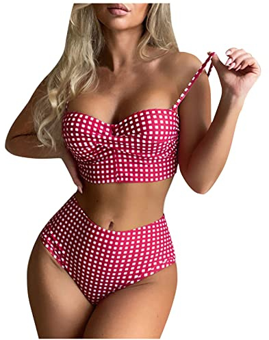 Maillot de Bain Ventre Plat Ensemble Femme Chic et Elegant Maillot Femme Bain Maillot de Bain Femme Menstruel Bikini Femme 2 Pieces Retro Maillot de Bain Bandeau Annee 60 Rose XL