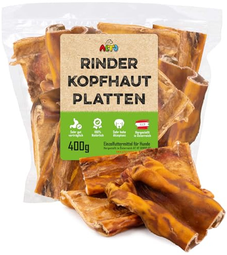 ALTO - Plaques de cuir chevelu de bœuf XL de qualité supérieure pour grands chiens – 400 g – Grandes plaques de cuir chevelu de bœuf – Friandises pour les soins dentaires du chien, occupation