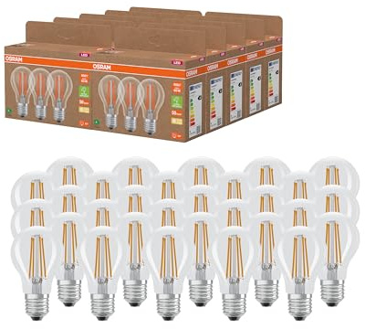 Osram Hocheffiziente LED Lampen mit Energieeffizienz Klasse A, Vorteilspack mit 30 Leuchtmittel, ersetzt herkömmliche 60W Glühbirnen, Birnenform, warmweiß(2700K), E27, Filament Glas