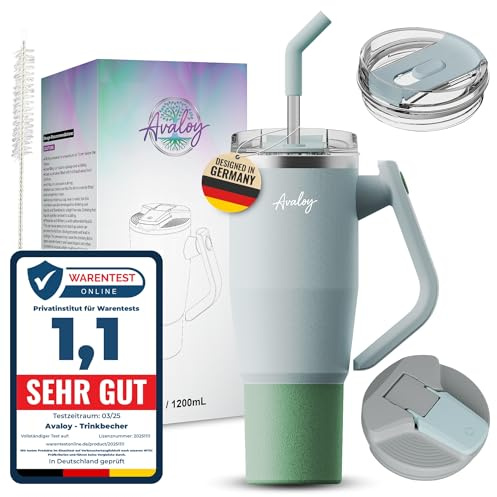 Avaloy Auslaufsicherer Thermobecher 1,2l (40 oz) – Edelstahl To-Go Becher – 2 Deckel inkl. Strohhalm – 180° drehbarer Griff – Doppelwandiger Isolierbecher für Kaffee & Getränke (Blue_Green)