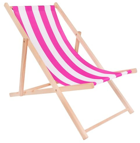 specwood Strandliege Klappbar Leicht - 119x58 cm - Liegestuhl klappbar Holz für Garten, Balkon - Sonnenliege Holz wetterfest - Klappliegestuhl aus Buche mit Baumwollstoff - Strandstuhl - Weiß & Rosa