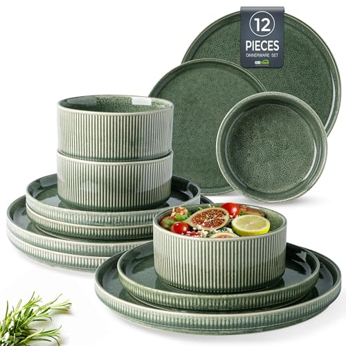 GBhome Stoneware Dinner Sets for 4 People, 12 Pieces Reactive Glaze Handcrafted Plates and Bowls Set, Scratch Resistant Dinnerware Set, Dishwasher & Microwave Safe Crockery Set, Evergreen