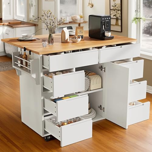 Cayipng 111×40×91,5 cm Isla de Cocina, Mesa de Comedor Extensible, Carro de Cocina con Ruedas y encimera, Carro de Servicio con especiero y 8 cajones, Blanco