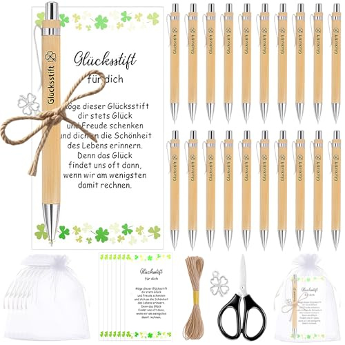 MirraSwit 20 Piezas Juego de Bolígrafos Madera, Bolígrafos Inspiradores, con Colgante de Trébol de Cuatro Hojas, Tarjeta Inspiradora, Bolsa Decorativa, Cuerda para Oficina Suministros Regalos