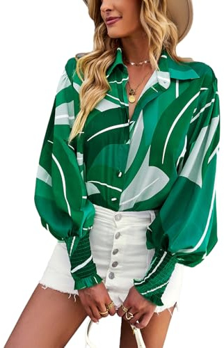 VHUQGVU Camicia Donna Elegante a Maniche Lunghe Classica Blusa Collo V Button Down Stampate Casual Camicette,Verde,L