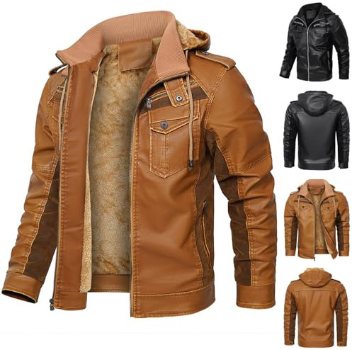 Générique Blouson Moto Homme a Capuche Veste Cuir Hiver Chaude Bombers en Polaire Aviateur Multipoche Jacket Couleur Unie Vestes d'Extérieur Manteau Décontractée Coat Classique Vetements Jaune L