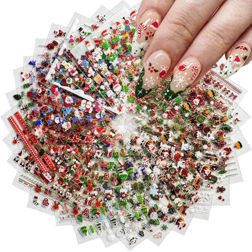 BelleFlair 30 Sheets Christmas Nail Art Stickers 3D Snowflake Self-Adhesive Decals Cute Xmas Winter Designs Santa Elk Transfers for Women Kids Decoration Supplies