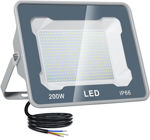 CREATESTAR Focos LED Exterior 200W, Proyector LED Exterior IP66 Impermeable 20000 lúmenes foco exterior de Floodlight foco blanco frío de 6500K, luz de inundación para garaje patio jardín almacén
