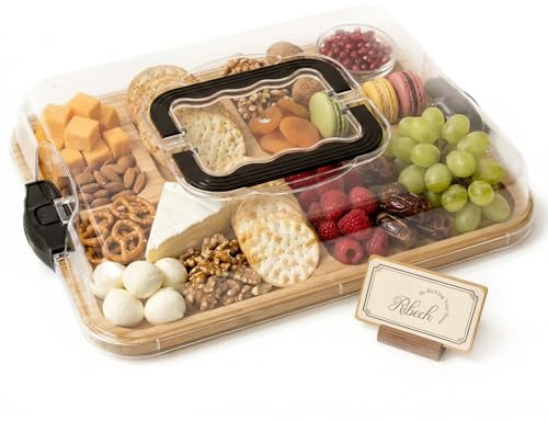 Ribech Piatto per Formaggi Tagliere per Charcuterie con Coperchio – Vassoio Portafomaggio Portatile con 6 Scomparti, Tagliere in Legno di Bambù – Ideale per Picnic, Brunch e Viaggi