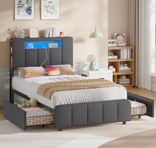 AOGLLATI Polsterbett 90x200 cm mit 2 Schubladen Bett 90x200 mit Stauraum Jugendbett mit LED-Beleuchtung und Ladestation Einzelbett mit Multifunktionales Kopfteil-Ohne Matratze,Grau Leinen