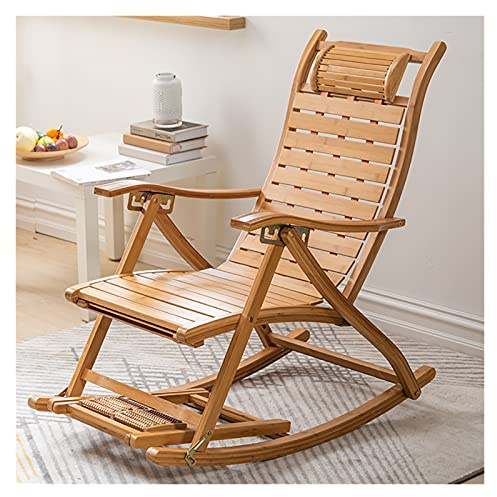 JKSVTF Folding Outdoor Recliner,Wooden Home Balcony Sun Lounger Elderly Rocking Chair with Armrests and Headrest and Foot Massage,Outdoor Rocking Chair Bamboo for Garden (Wood Color 1)