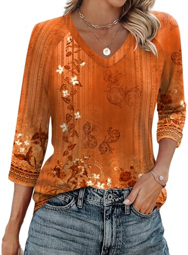 Zeagoo Womens 3/4 Sleeve Tops V Neck Ladies Blouses Casual Summer Tunic | Floral Top | Basic Shirts | Raglan Sleeve Tops | S-3XL