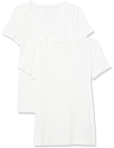 Amazon Essentials Women's Slim-Fit Short-Sleeve V-Neck T-Shirt, Pack of 2, White, Medium