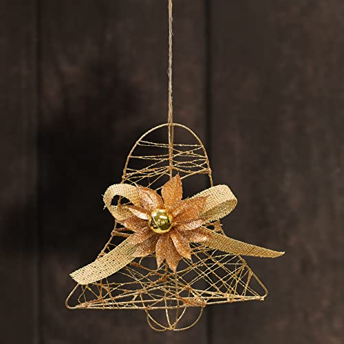 COM-FOUR® Campana de Navidad Decorativa, Campana de Navidad Brillante | Decoración de Adviento con Lazo - Flor y Bola de Navidad - Colgador Decorativo Dorado