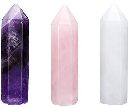 JSDDE Hexagone Colonne de Cristal Pointe Ornements Cristal de Roche Pierres de Yoga Reiki Décoration de Maison Pierre Hexagonale 3PCS