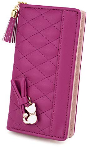 UTO Portafoglio Gatto Nuovo lungo piegatura per Donna Grande capacità con Gatto pendente e Fiocco, Portamonete Pelle sintetica Adatto per cellulare Fucsia rosato