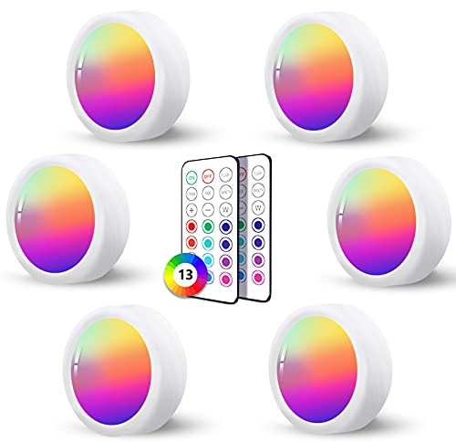 LED RGB Spot Batterie mit Fernbedienung, 13 Farbwechsel LED Spots Batteriebetrieben Vitrinenbeleuchtung Kabellos Schrankbeleuchtung Dimmbar Unterbauleuchte Küche LED Lampe zum Kleben Schranklicht Akku
