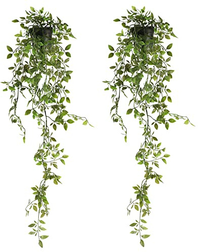 Famibay Set of 2 Artificial Potted Plant Hanging Vines Green Trailing Artificial Plants in Pots Faux Drooping Plants Indoor House Plants Hanging for Shelf Living Room Bathroom Kitchen Wall