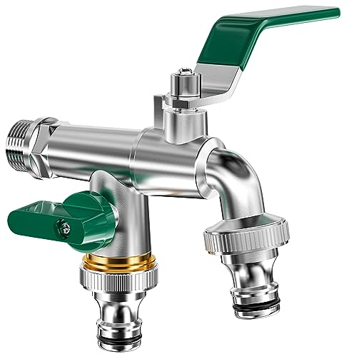 Mesybveo Double Robinet de Jardin, robinet exterieur en laiton, robinet avec double sortie 3/4 et Entrée 1/2, robinet antigel avec double connecteur et embout tuyau,Pour jardins,Machine à Laver,
