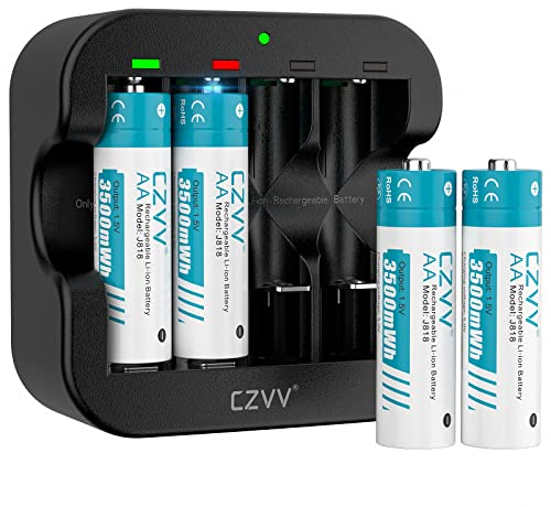 czvv Batterie Ricaricabili AA Lithium 1,5V - Alta Capacità 3500mWh Pile 4 Pezzi con Caricatore 4 Slot Intelligente Caricabatterie Ricarica Rapida 2H, 1500 Cicli, Durata Ultra Lunga 10 Anni
