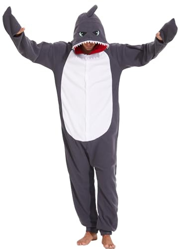 sazpajacos Tierischer Hai Einteiler Halloween Cosplay Kostüm Unisex Erwachsener Hai Strampler Schlafanzug Cartoon Wilder Hai Kostüm Verkleidung Party Einteiler für Frauen Männer Grau M