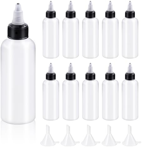 Swpeet 15 st. klara dispenserflaskor med kit för små trattar, 120 ml Boston LDPE-plastflaska, 100 ml tomma klämbara droppflaskor med vridbart lock, kit för bläck, oljor, vätskor, plastklämflaskor