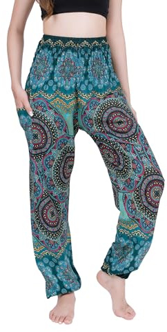 CHAINUPON Harem Pants Women Flowy Trouser Yoga Boho Hippie Clothes, Bohorose Turquoise Blue, 3XL