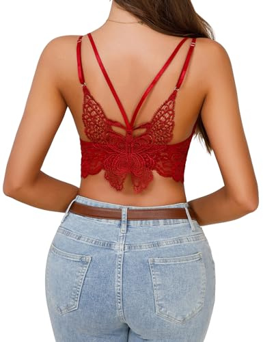 EVELIFE Reggiseno Bralette in Pizzo Sexy per Donne Top Corta Bandeau Reggiseno Ogni Giorno Farfalla Bellezza Gilet Posteriore Reggiseno a Tubo Estate Camisola, Rosso vinaccia, L