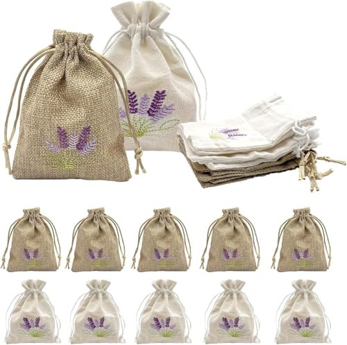 Sacchetti profumati di lavanda, set di 10 sacchetti di lavanda vuota da riempire, sacchetti in tela di iuta con cordino di serraggio, borsa di lavanda secca naturalmente per gioielli da matrimonio,