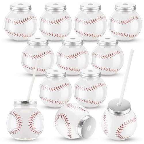 Baderke 12 Set Sports Party Decor 10oz Plastic White Red Baseball Ball Shape Cups with Straws and Lids Ball Cups Bulk Sport Theme Bottle for Drink Birthday Party Favors Supplies