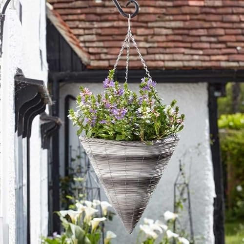 Garden Mile Garden Hanging Flower Basket 14'' Rattan Effect Cone Plant Holder Outdoor Plant Pot Planter with Hanging Chain Wicker Basket Planter Pre- Lined for Easy Planting