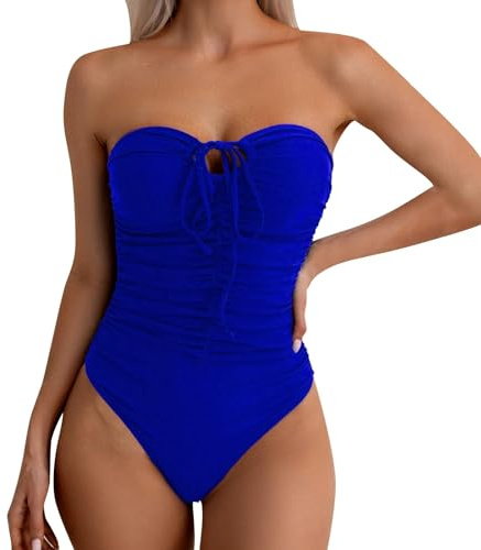 Sllowwa Maillot de bain bandeau gainant noir une pièce pour femme - Couleur unie - Plissé - Sans bretelles - Avec n ud sur le devant - Dos nu - Été 2025, bleu, XL