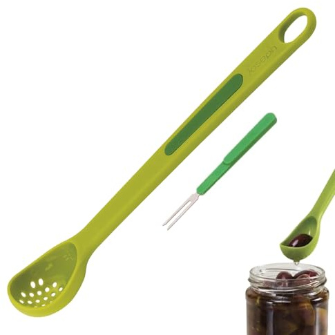 Olive Spoons, Multifunctional Two-in-one Olives Spoon with Pickle Picker, Plastic Long-Handled Fruit Scoop, Pickle Strainer Spoon, Suitable for Taking Canned Fruits and Ffood (Green 8 inch)