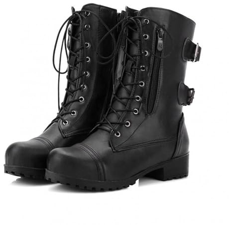 Combat Boots for Women Uk,Low Heel Leather Combat Boots Women,Flat Military Biker Combat Classic Ankle Boots Solid Color Side Zipper Mid Calf Boots,Lace Up Boots for Women,Mid Calf Anti Slip Boots
