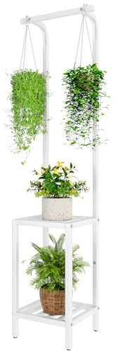 IBUYKE 170cm Alto Supporto per Piante per Interno Esterno, 3 Livelli Supporto per Fiori in Metallo Sospeso, Scaffale per Piante Porta per Fiori per Soggiorno Balcone Giardino, Bianco TMJ076W
