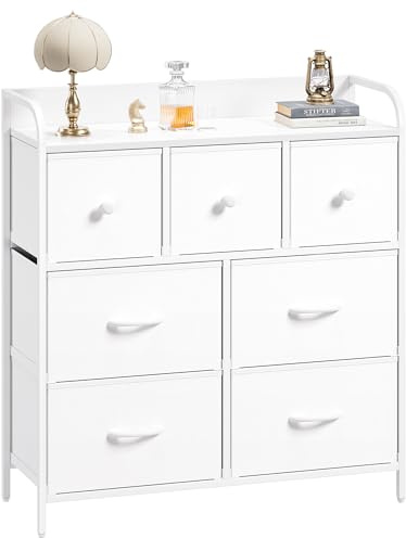 Nicehill Chest of Drawers, Dresser for Bedroom with 7 Drawers, Wood Top, Sturdy Steel Frame, Storage Organizer Unit for Bedroom, Kids room, Living room, Closet(White)