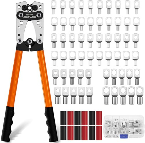 Koolcover Battery Cable Crimping Tool Kit, Heavy Duty Wire Crimping Tool with 60 PCS Copper Ring Terminals, Tubular Cable Lug Pliers for Battery Cables 6/10/16/25/35/50 mm² (HX50B Crimper+terminals)