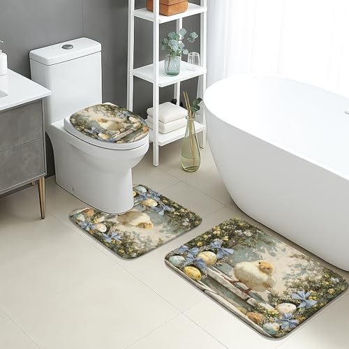 3 Piezas Juego De Alfombra De Baño Flower con Patitos De Pascua Juego De Alfombrillas De Baño Lavable Cómoda Alfombras De Cama, para Bathroom, Dormitorio, Cocina