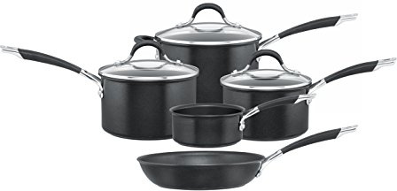 Circulon Momentum Aluguss Topfset Induktion mit Milchtopf & Bratpfanne - Soft-Grip-Griffe, Deckel aus gehärtetem Glas - Ofenfest, Spülmaschinenfest -hartanodisiertes Kochgeschirr Set 5 Teile, Schwarz