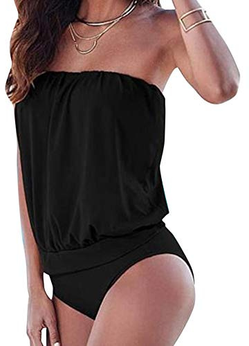 Women One Piece Swimsuit Bandeau Bikini Swimwear Strapless Swimming Costume Black XL
