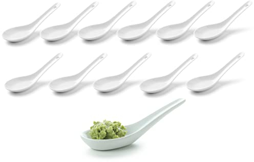 Provance Cucharas de porcelana, 12 piezas, blanco, arroz asiático, cucharas de sopa y servir, ideal para cuencos de arroz, aperitivos, postres, ramen, restaurante, uso en la cocina