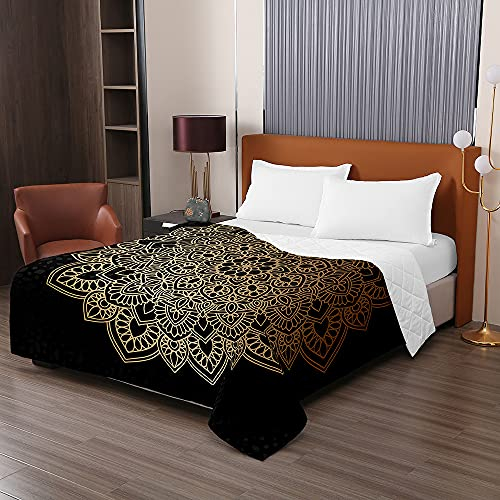 Chickw1 Tagesdecke Bettüberwurf Steppdecke, 3D Mandala Drucken Sommer Tagesdecken mit Prägemuster Wohndecke aus Mikrofaser Gesteppt Bettdecke für Einzelbett Doppelbett (schwarzes Gold,220x240cm)